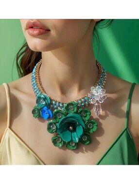 Modern Vintage Colorful Enamel Metal   Flower Beaded Statement Necklace 15-17”
